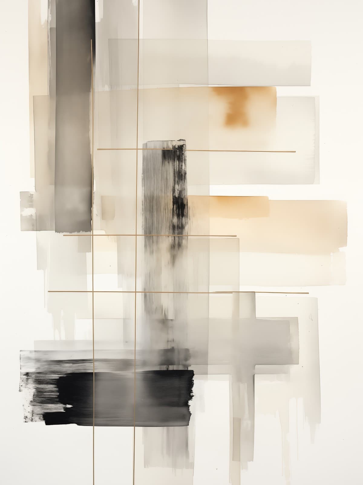 Abstracte compositie met gelaagde grijze en zwarte vlakken en een oranje lichtstreep.