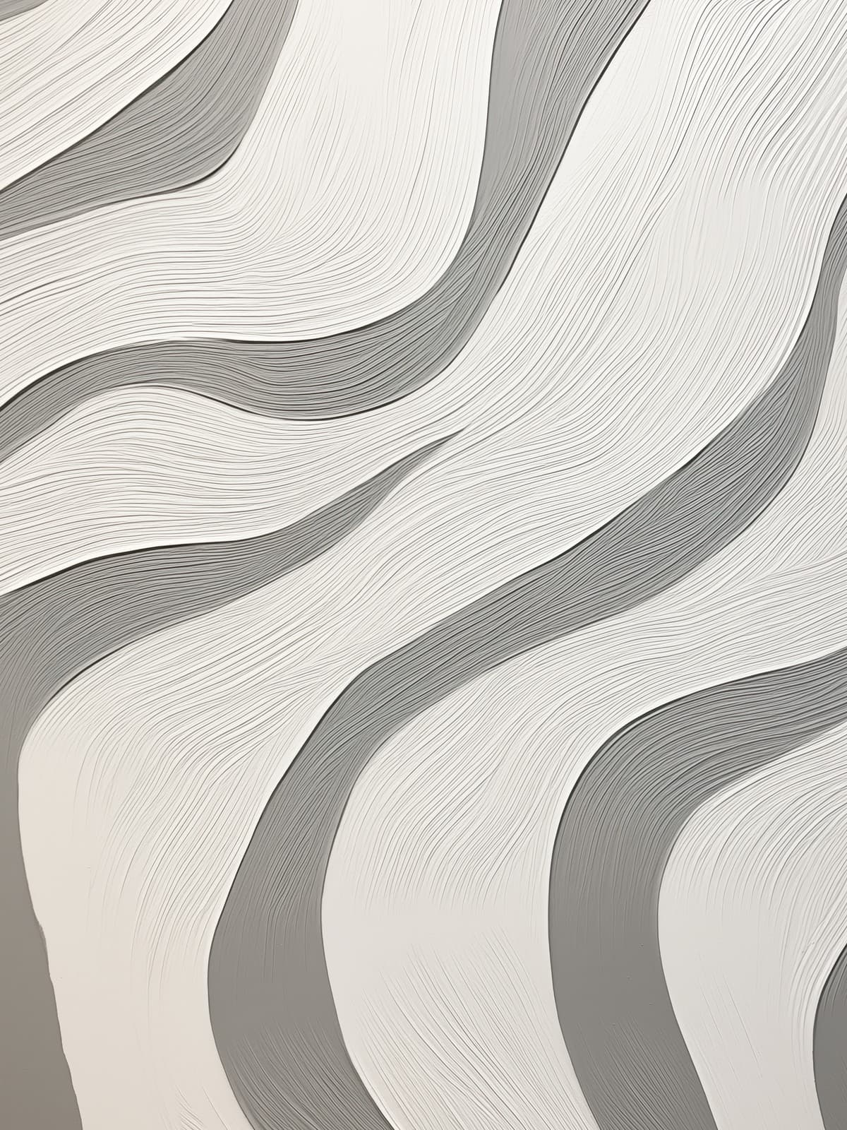 Abstract werk met golvende reliëflijnen in wit en grijs.