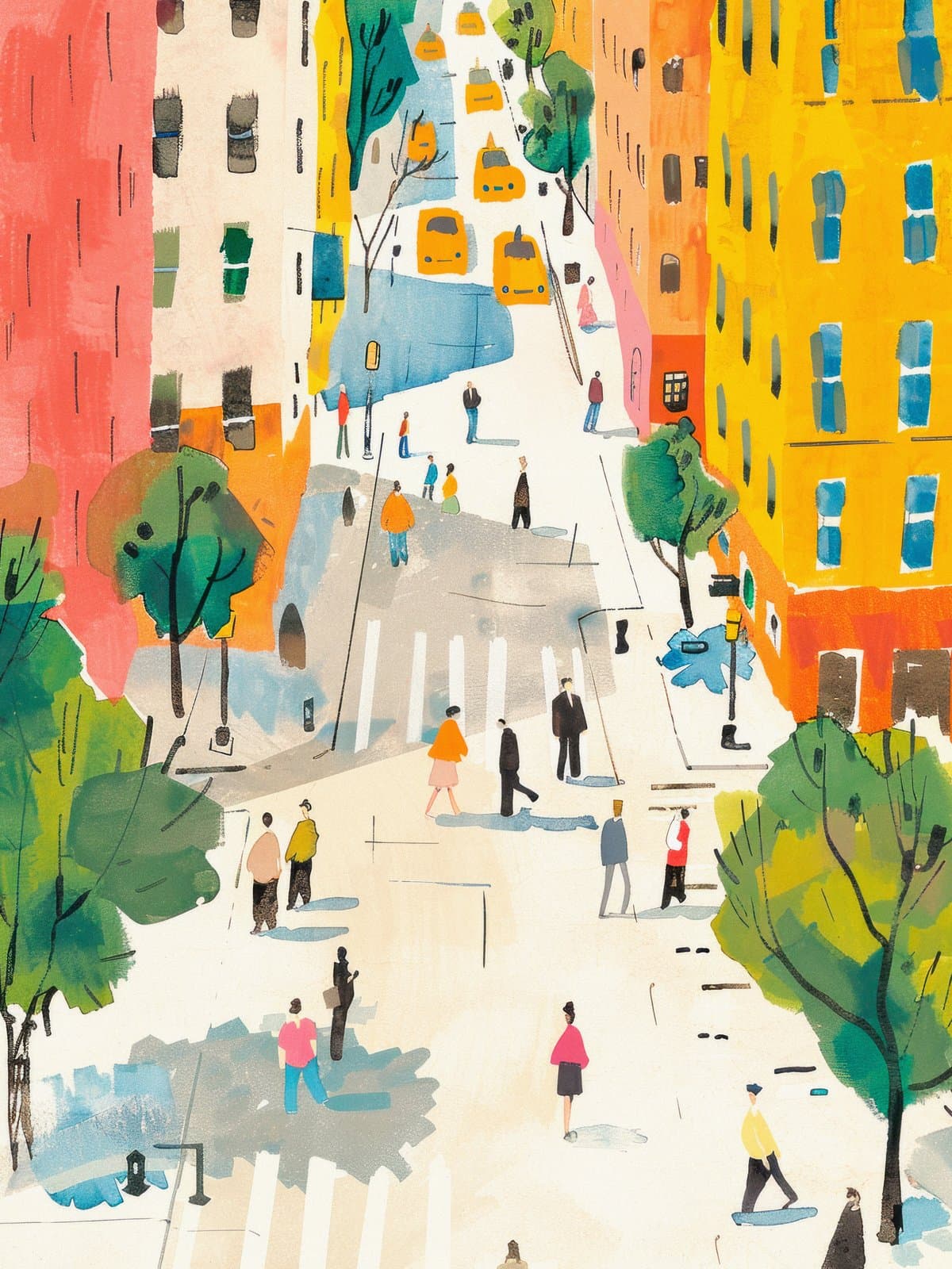Schilderij van een kleurrijke stadsstraat gezien van bovenaf