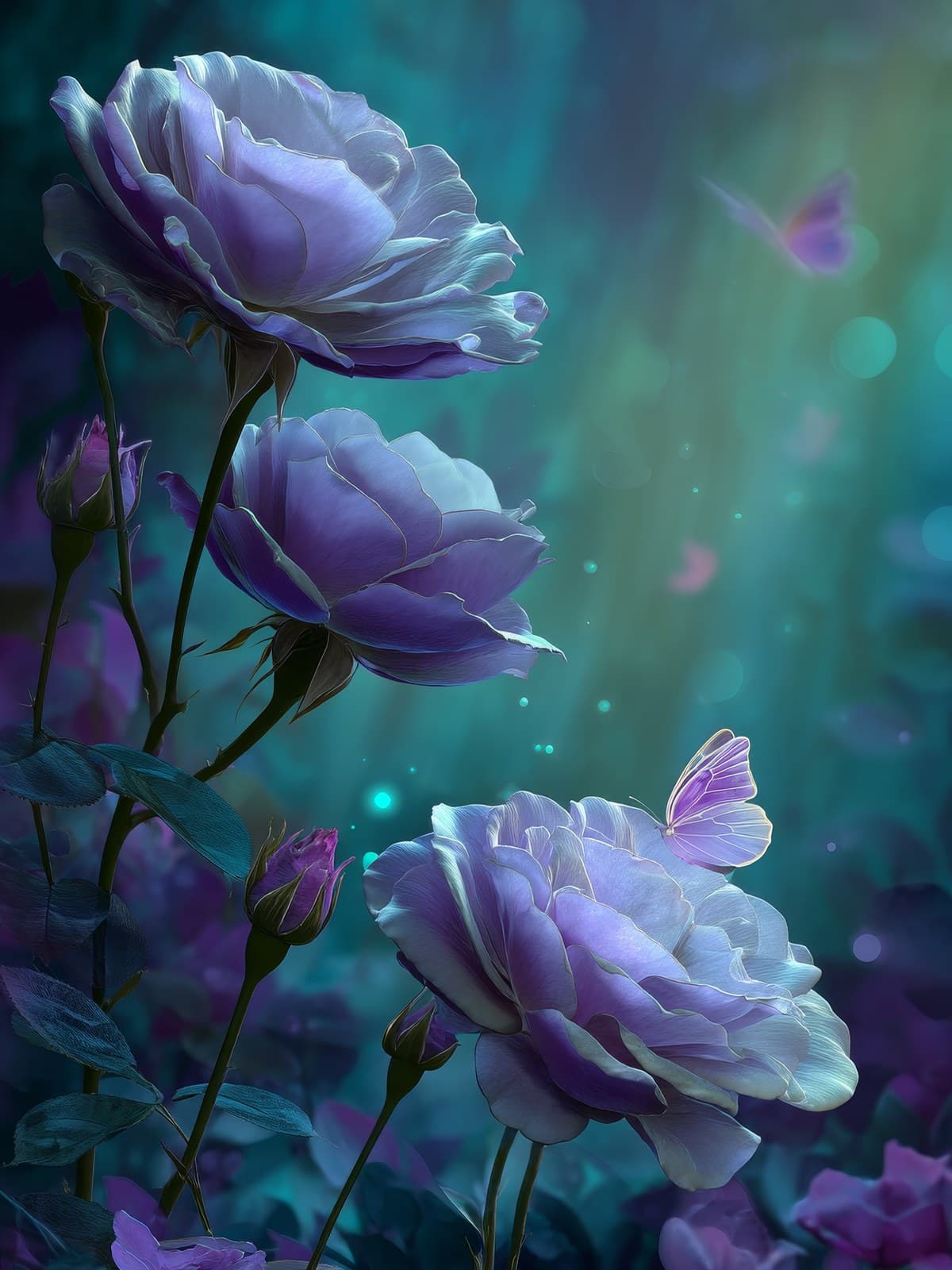 Schilderij van lavendelkleurige rozen in een mistige tuin