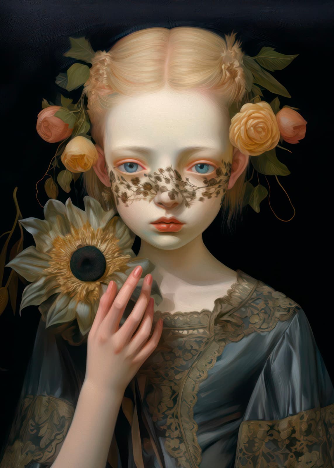 Meisje met bladerenmasker en rozen schilderij, botanisch portret op canvas