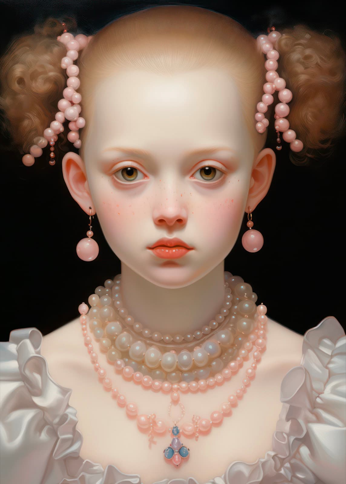 Meisje met roze parels schilderij, klassiek kinderportret op canvas