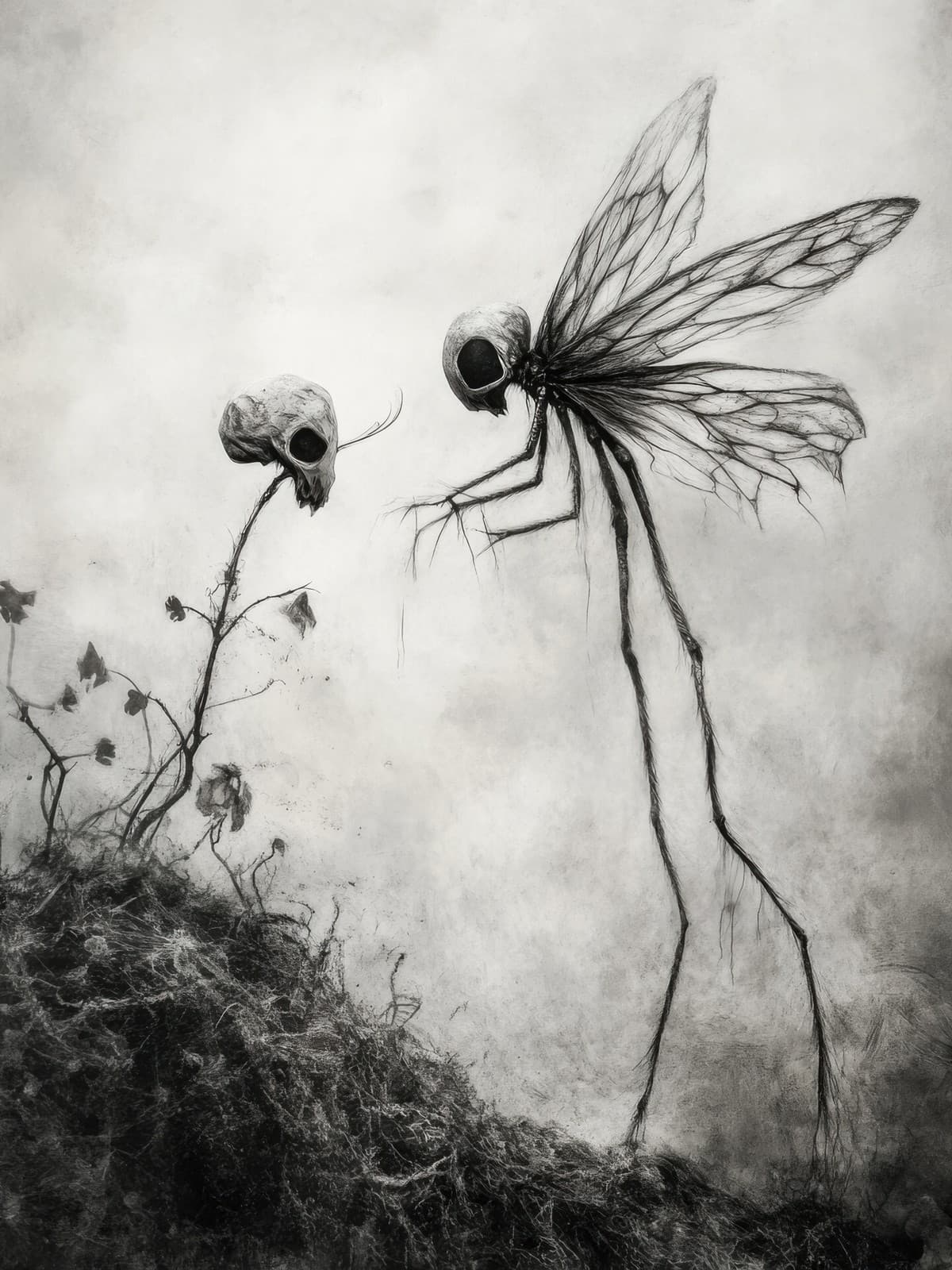 Surrealistisch zwart-wit schilderij van een libelleachtig wezen met schedelkoppen naast een bloem met een schedel