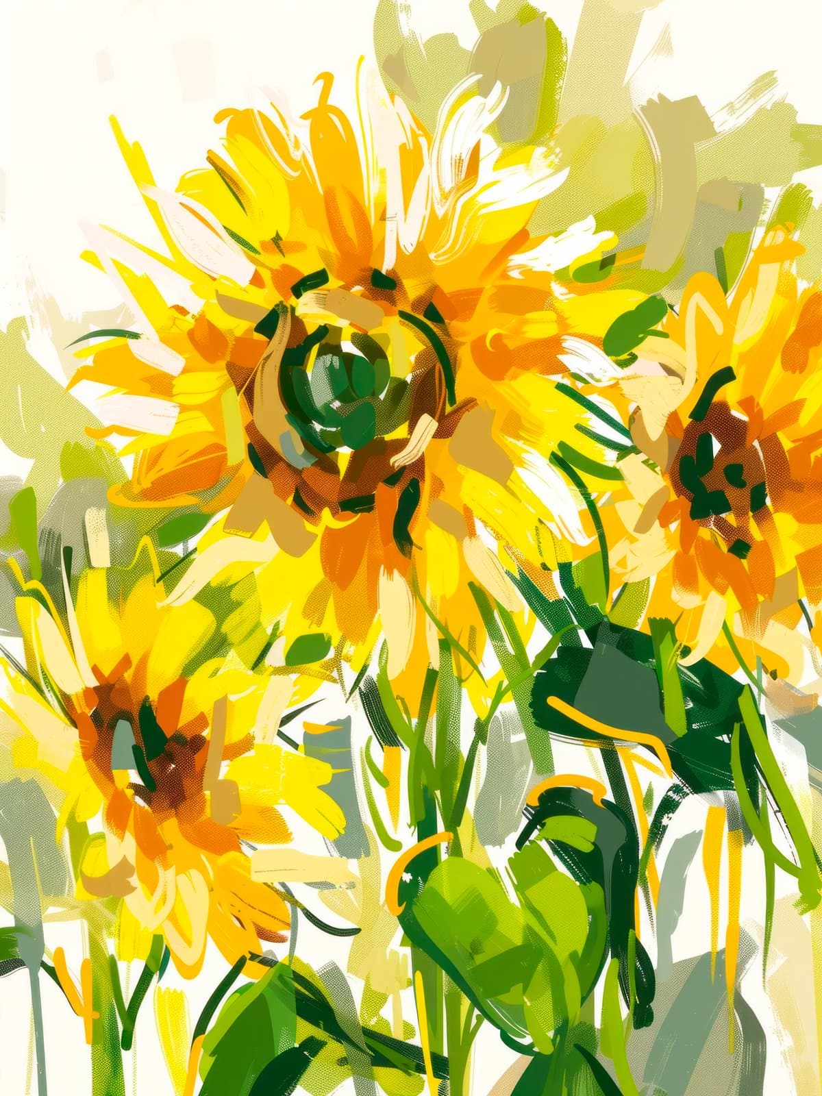 Schilderij van stralende zonnebloemen in geel en oranje