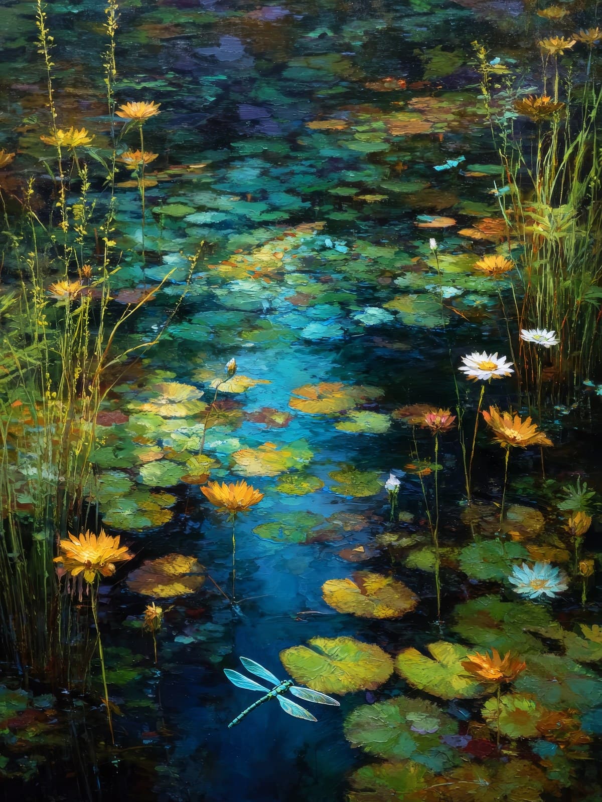 Schilderij van een vijver met bloeiende waterlelies