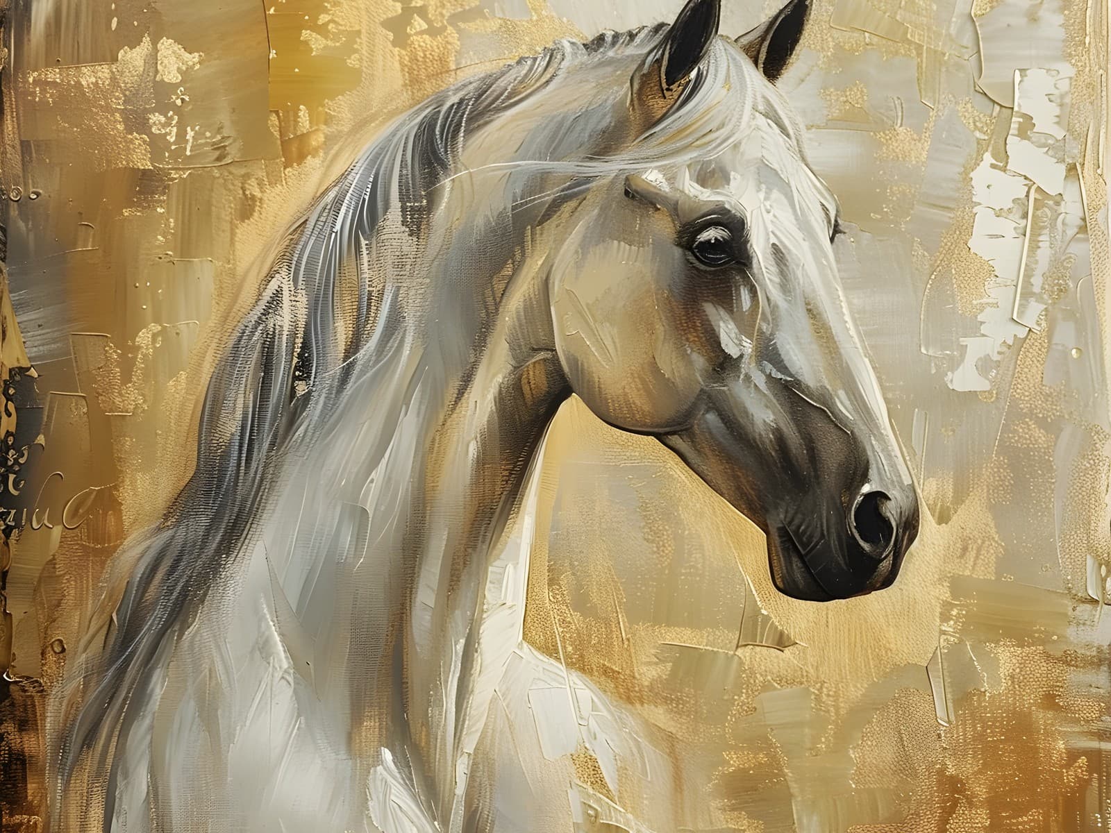 Portret van wit paard met gouden achtergrond