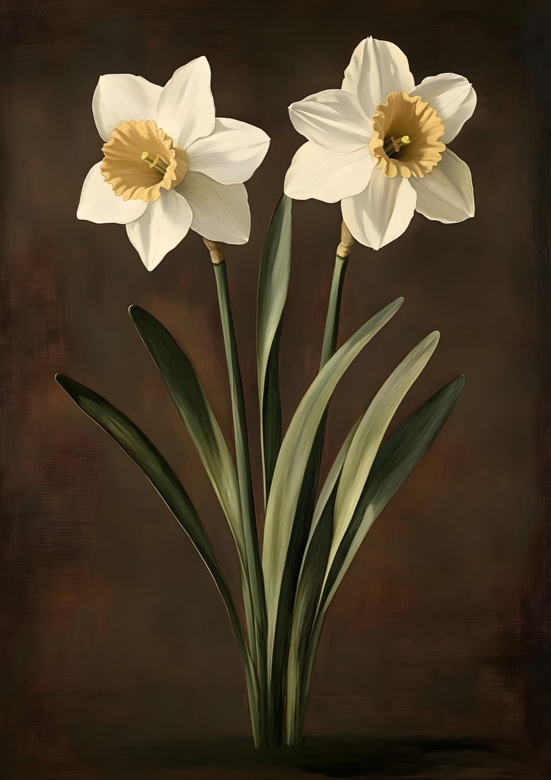 Schilderij van witte narcissen op donkere achtergrond